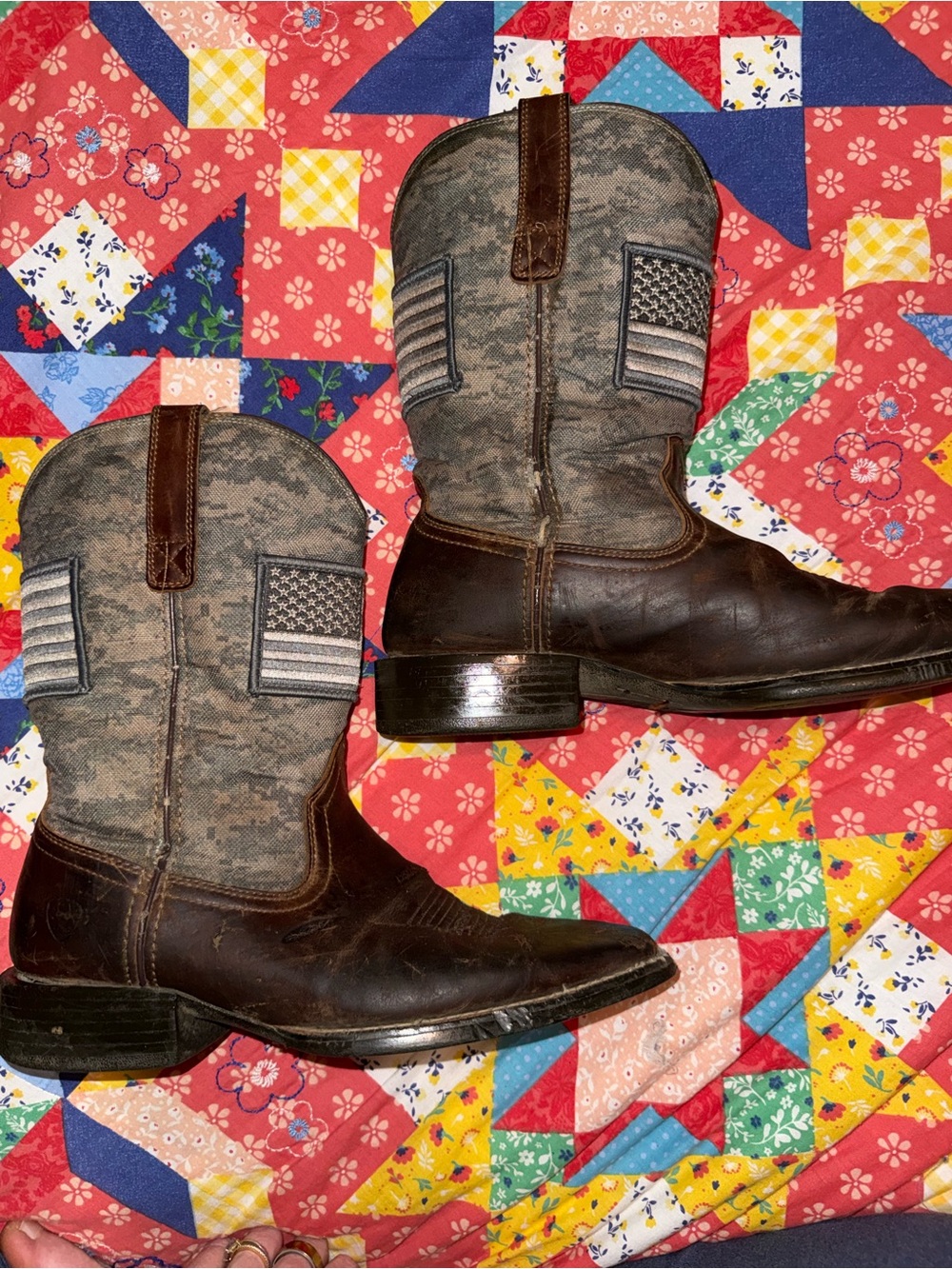 Ariat Brown Leather Patriotic Western Boots with Camo Shaft and Flag Patch (Men)
